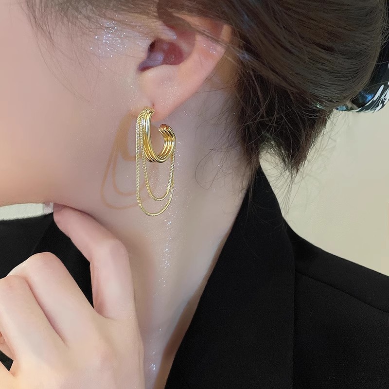 Light luxury and high-end double-layer chain tassel earrings, a niche design for women, versatile earrings, fashionable and unique earrings Specification drawing