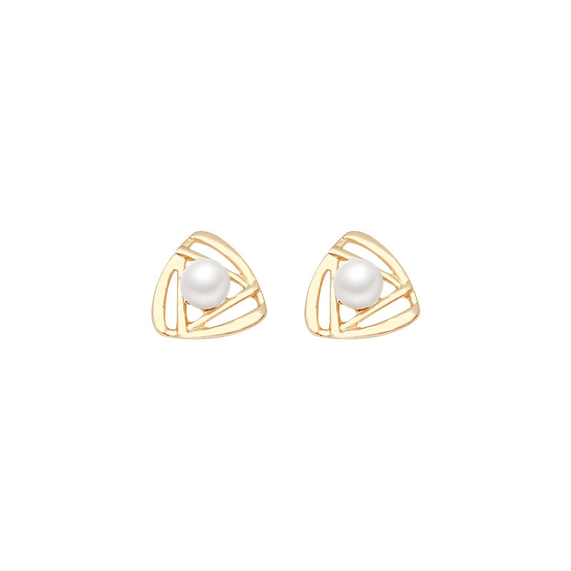 S925 Silver Needle New Korean ins style elegant pearl hollowed-out triangular geometric small and simple stud earrings Item Picture