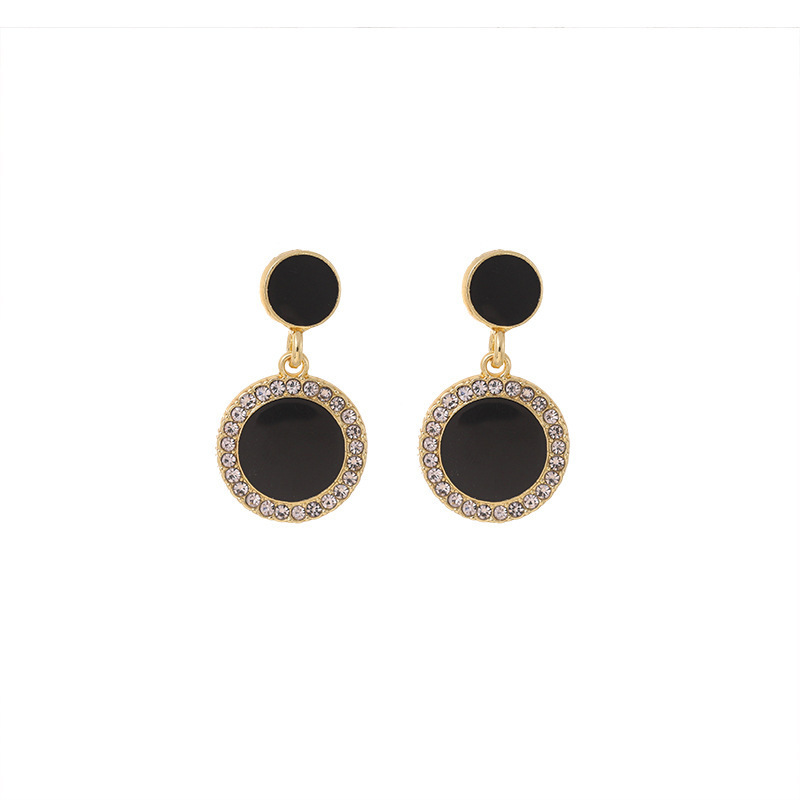 s925 Silver Needle New black circle oil-dripping shiny diamond stud earrings, simple and fashionable style, geometric and grand style Item Picture