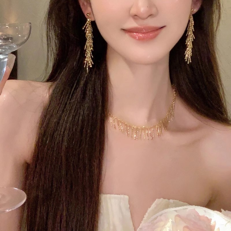 Super ethereal long tassel small tassels, elegant earrings, women's high-end look, slimming, fashionable and elegant 925 silver needle earrings and accessories full figure
