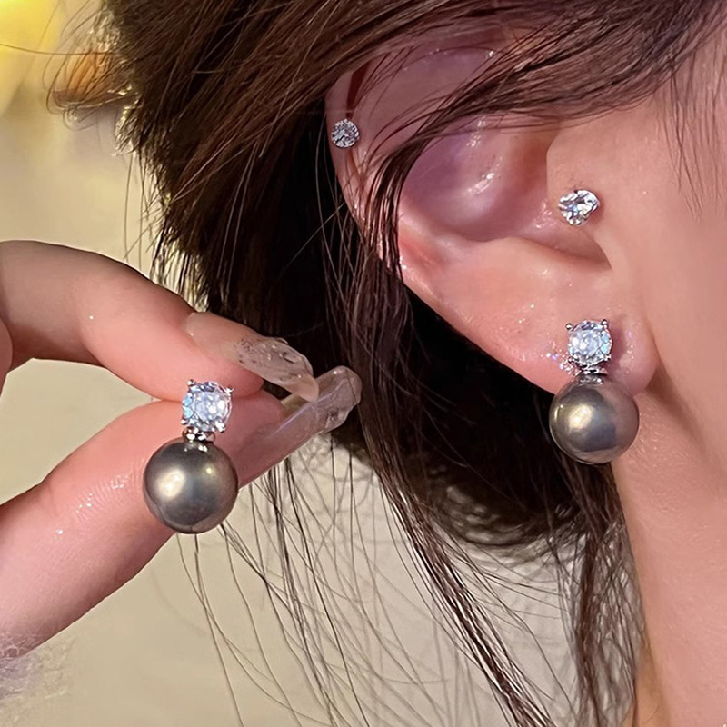 925 Silver Needle Classic Sparkling Diamond Pearl Stud Earrings 2025 New style Light Luxury Niche High-end Earrings, commuting earrings trend Specification drawing