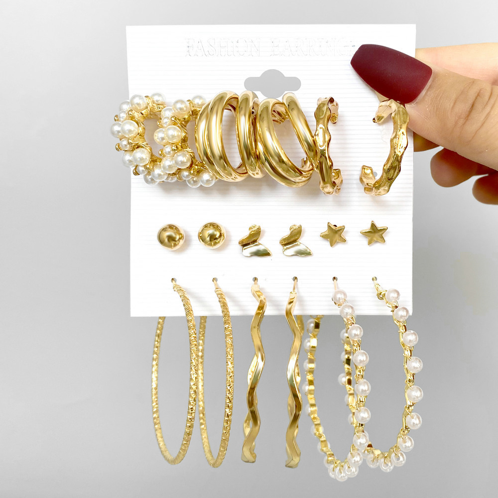 A new set of 9-piece retro women's earrings with imitation pearls, featuring cross-border geometric butterfly ear rings from Europe and America for women full figure