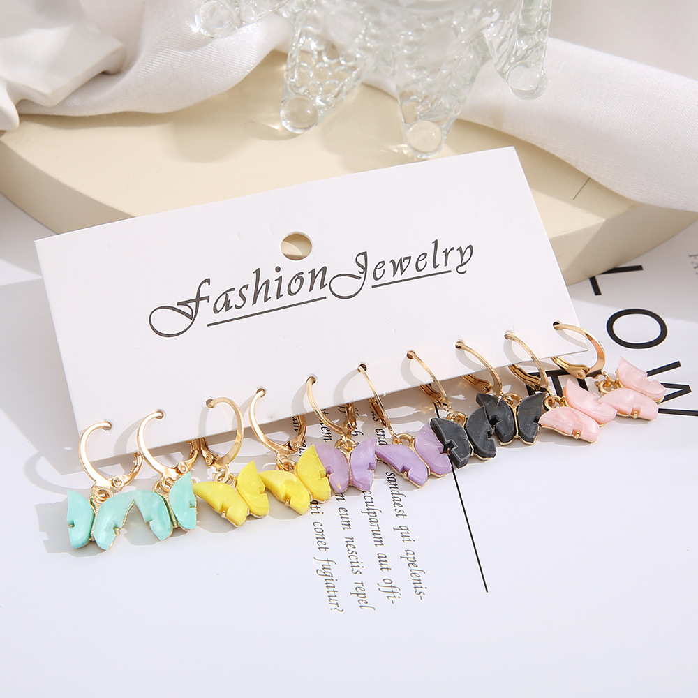 Wholesale of new cross-border acrylic butterfly earrings set of 5 pairs, creative and simple colorful butterfly pendant earrings Specification drawing