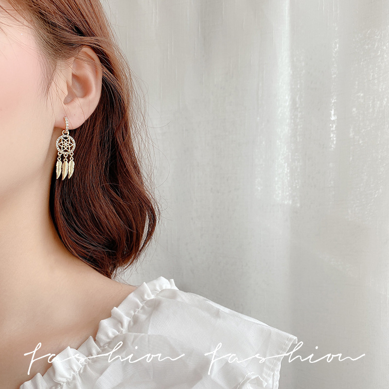 Korean super fairy-like micro-inset zircon feather earrings for women, long and high-end tassel earrings, personalized and elegant earrings wholesale details Picture