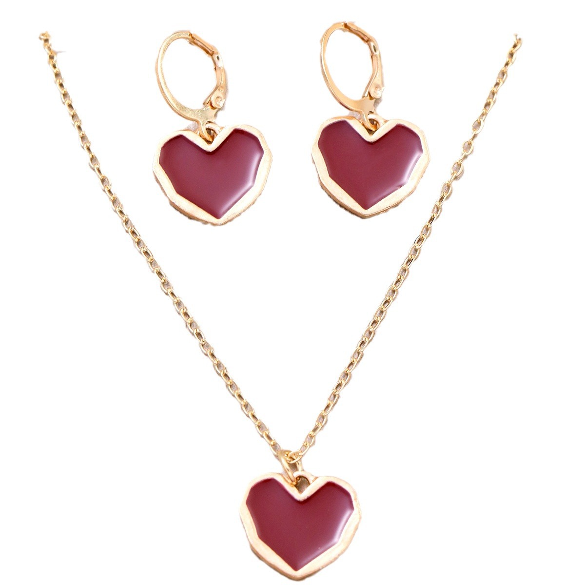 European and American retro style cross-border oil-dripping heart-shaped earrings and necklace set, exquisite and niche earrings, design sense jewelry Item Picture