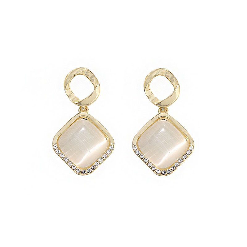 S925 Silver Needle cat's Eye Stone earrings, elegant and stylish geometric square diamond-encrusted earrings, simple and compact earrings wholesale Item Picture