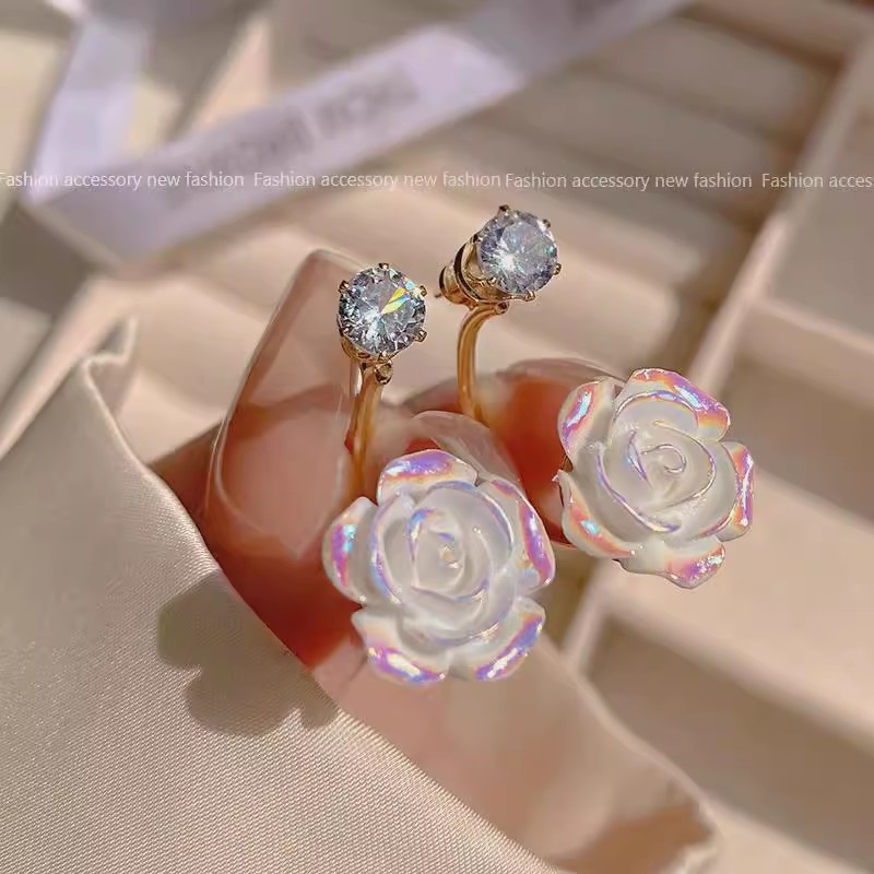 Camellia flower earrings for women, a high-end resin hanging style with iridescent flowers, fashionable and elegant stud earrings, a pair of two-wear earrings details Picture