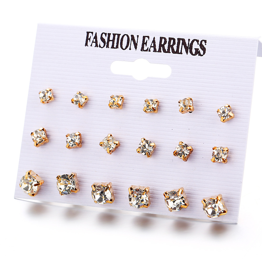 Wholesale of a new set of 9-pair creative, retro and minimalist four-pronged zirconia stud earrings from Europe and America Item Picture