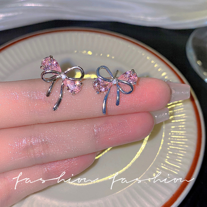 925 Silver Needle Bow Zircon stud Earrings, gentle and sweet for women, French high-end commuter earrings full figure