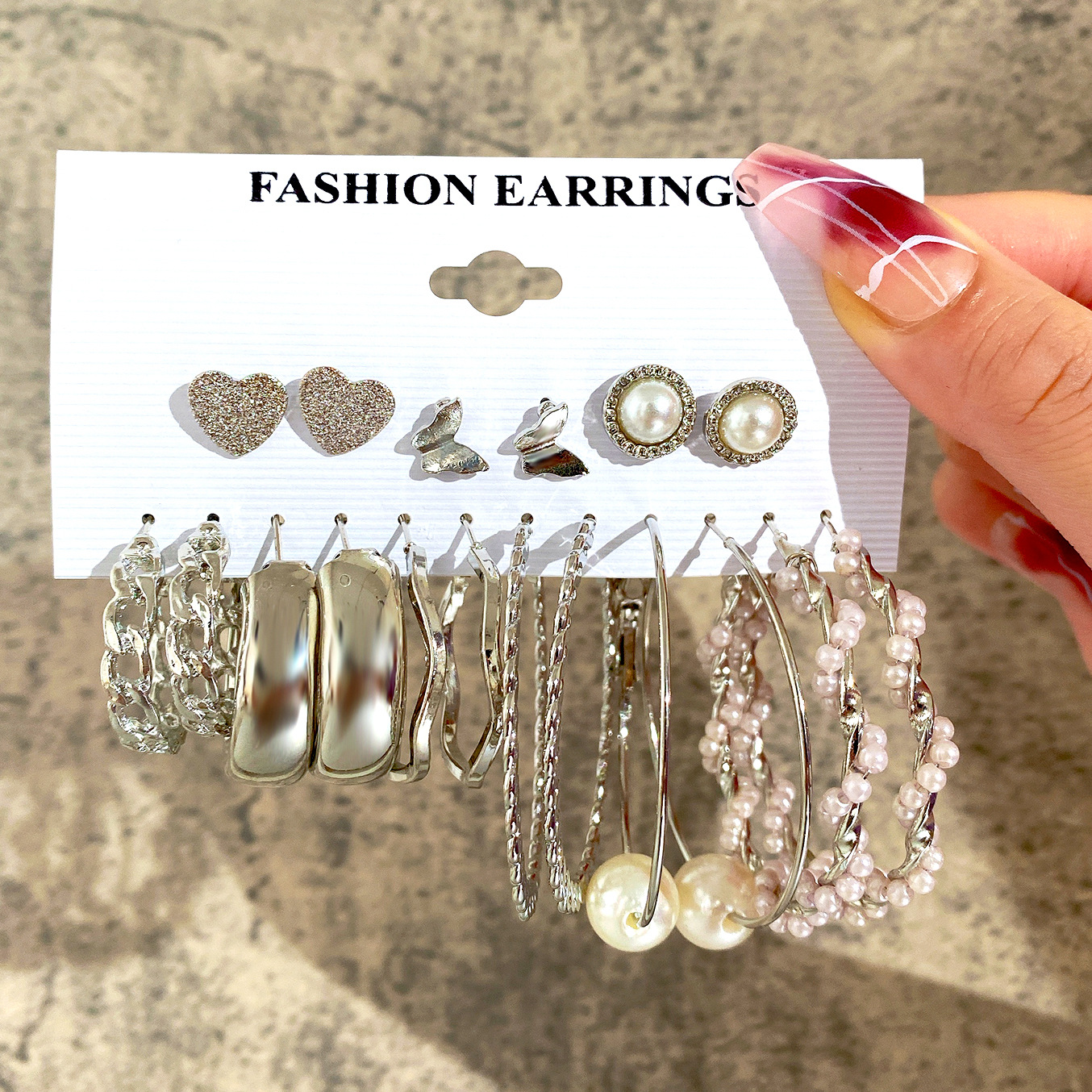 New European and American earring set, creative and simple earring set, 9 pairs of butterfly heart earrings, pearl imitation ear rings details Picture