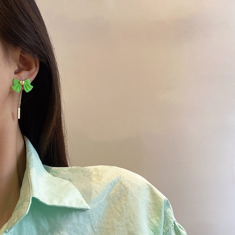 Bow earrings, versatile long tassel stud earrings, green forest-themed exquisite and fashionable earrings for women, 925 silver needle wholesale details Picture
