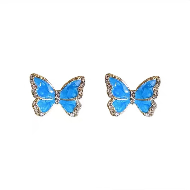 S925 Silver Needle Retro Hong Kong Style vintage oil Drip blue rhinestone butterfly simple and elegant stud earrings Item Picture