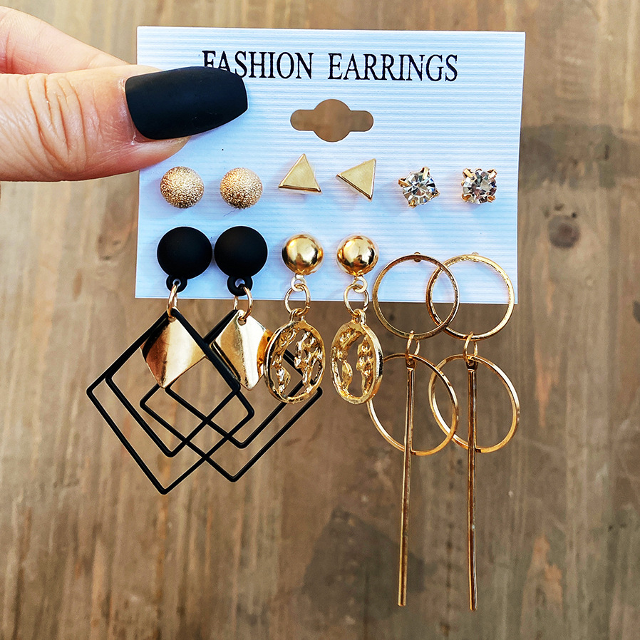 New retro imitation pearl ear ring C-shaped earring set of 5 pairs, creative and simple diamond-shaped geometric alloy earrings details Picture