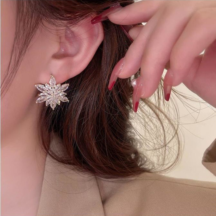 Korean crystal flower stud earrings for women, with a niche design sense, light luxury and high-end feel, versatile earrings S925 silver needle earrings, trendy Specification drawing
