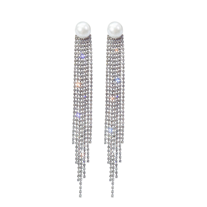 Slimming face, full-diamond pearl earrings, light luxury and high-end style, individual temperament, stud earrings, tassels, long earrings, silver needle earrings Item Picture