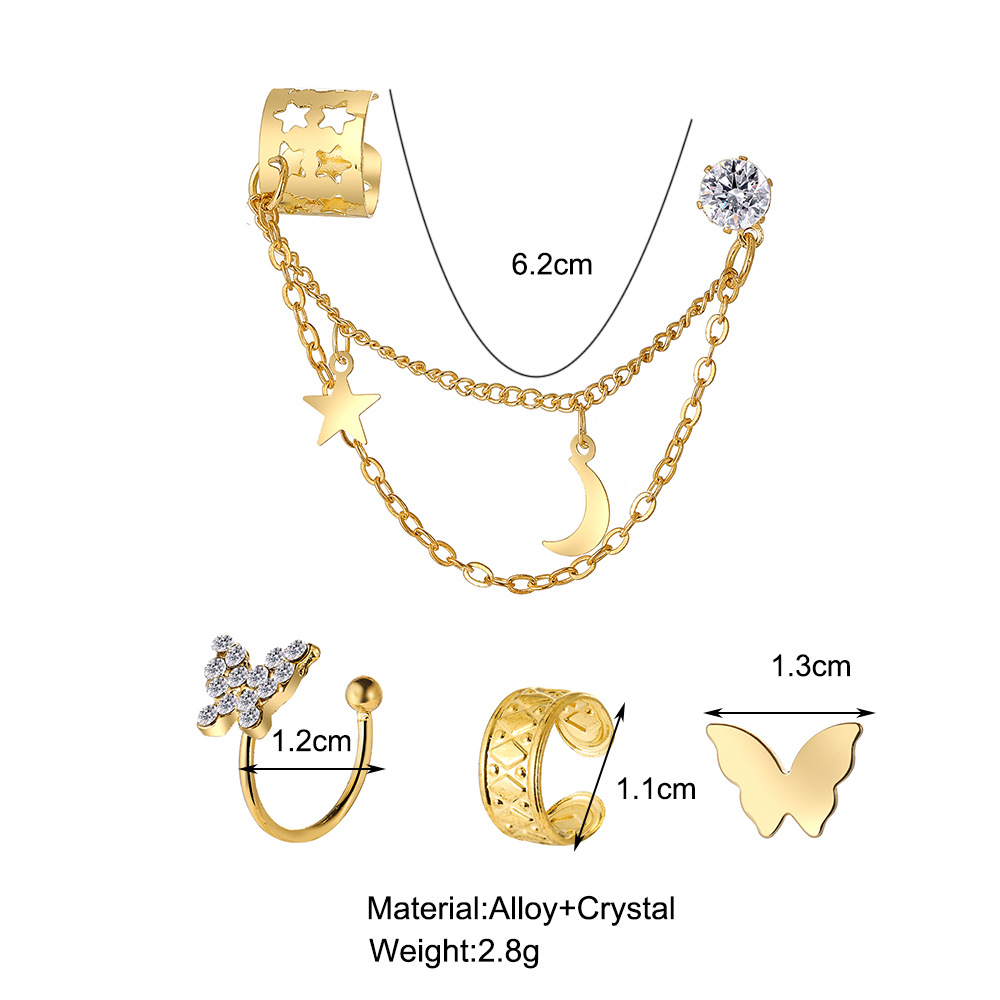New cross-border full-diamond butterfly ear bone clip 4-piece set, creative and personalized golden star moon C-shaped ear clip details Picture