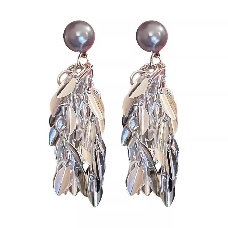 Tassel, wheat ear, grey pearl stud earrings for women, unique and exaggerated earrings, light luxury and high-end, niche design, unique earrings Item Picture