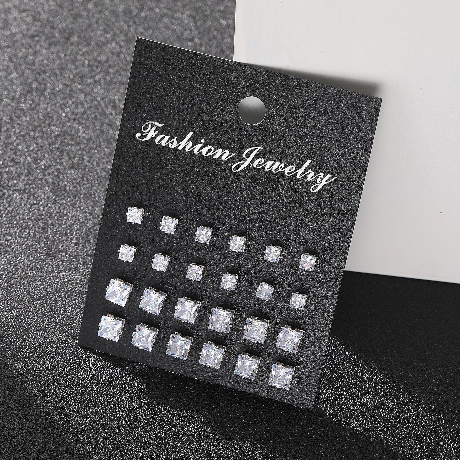 Cross-border bestseller ins cold style simple and elegant square zircon stud set of 12 pieces Earrings Specification drawing