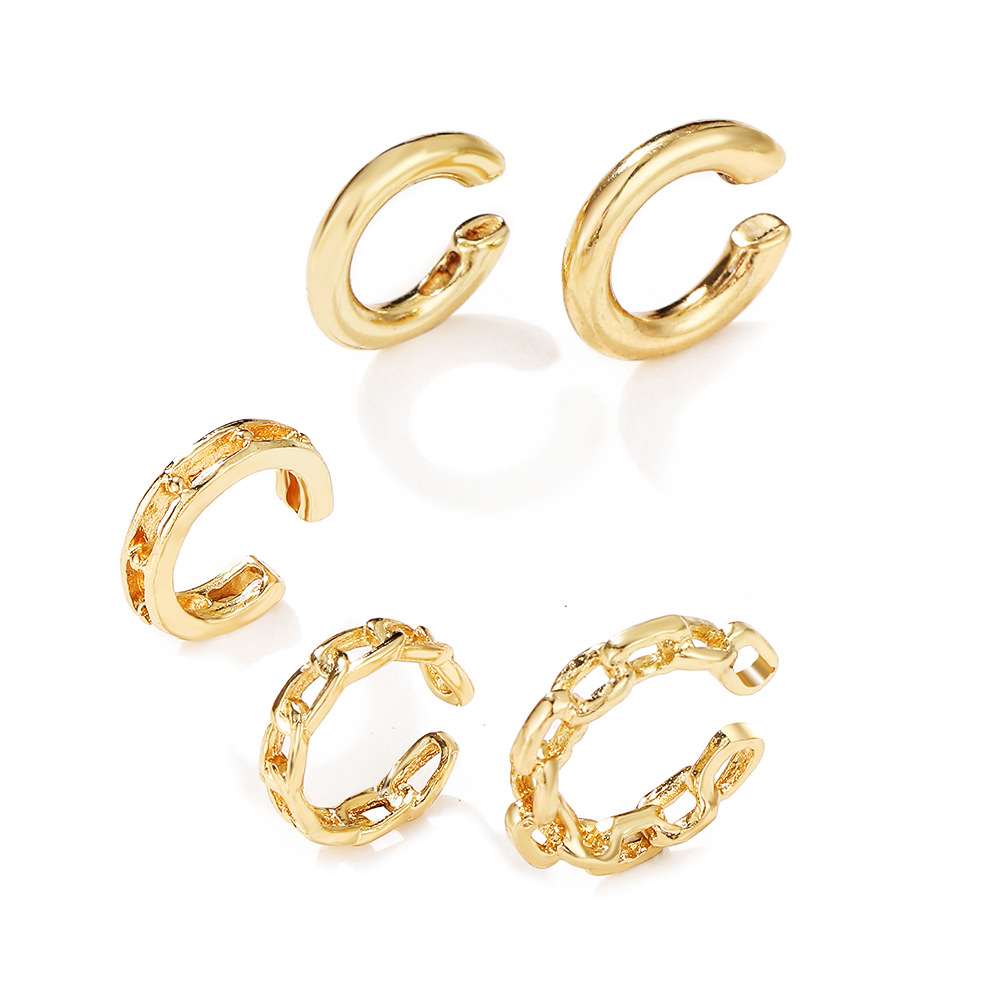 Creative and simple five-piece ear bone clip set without ear holes, personalized golden chain hollowed-out multi-layer earrings, C-shaped ear clip for women Item Picture