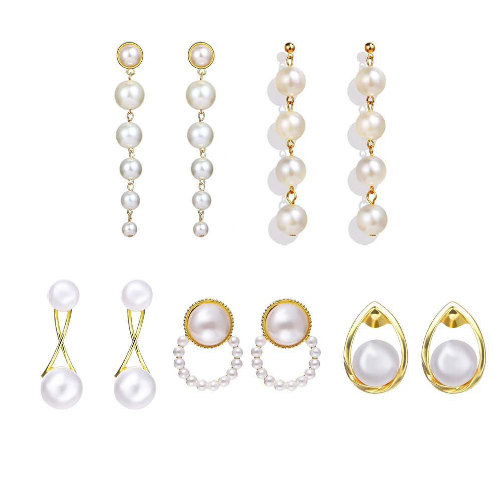 Wholesale of fashionable European and American French retro pearl earrings, creative and simple artificial pearl long earrings of various sizes Item Picture