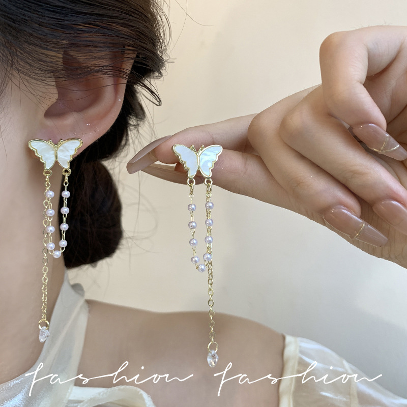 Super fairy-like mother-of-pearl butterfly pearl tassel earrings, with a unique and versatile design, long silver needle stud earrings, and slimming and face-enhancing earrings details Picture