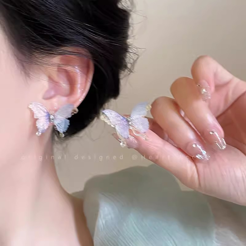 Colorful butterfly double-layer stud earrings for women, super fairy, fashionable and high-end style, new 2024 unique and niche earrings full figure