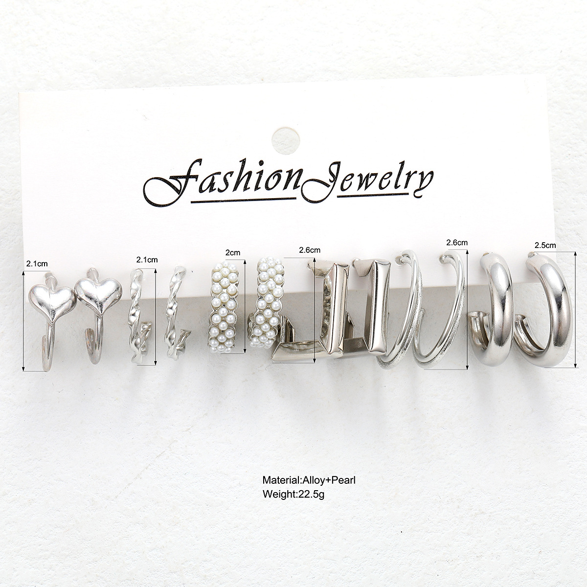 A new cross-border InS-style C-shaped creative and simple heart-shaped imitation pearl geometric earrings 6-piece set, retro pearl earrings details Picture