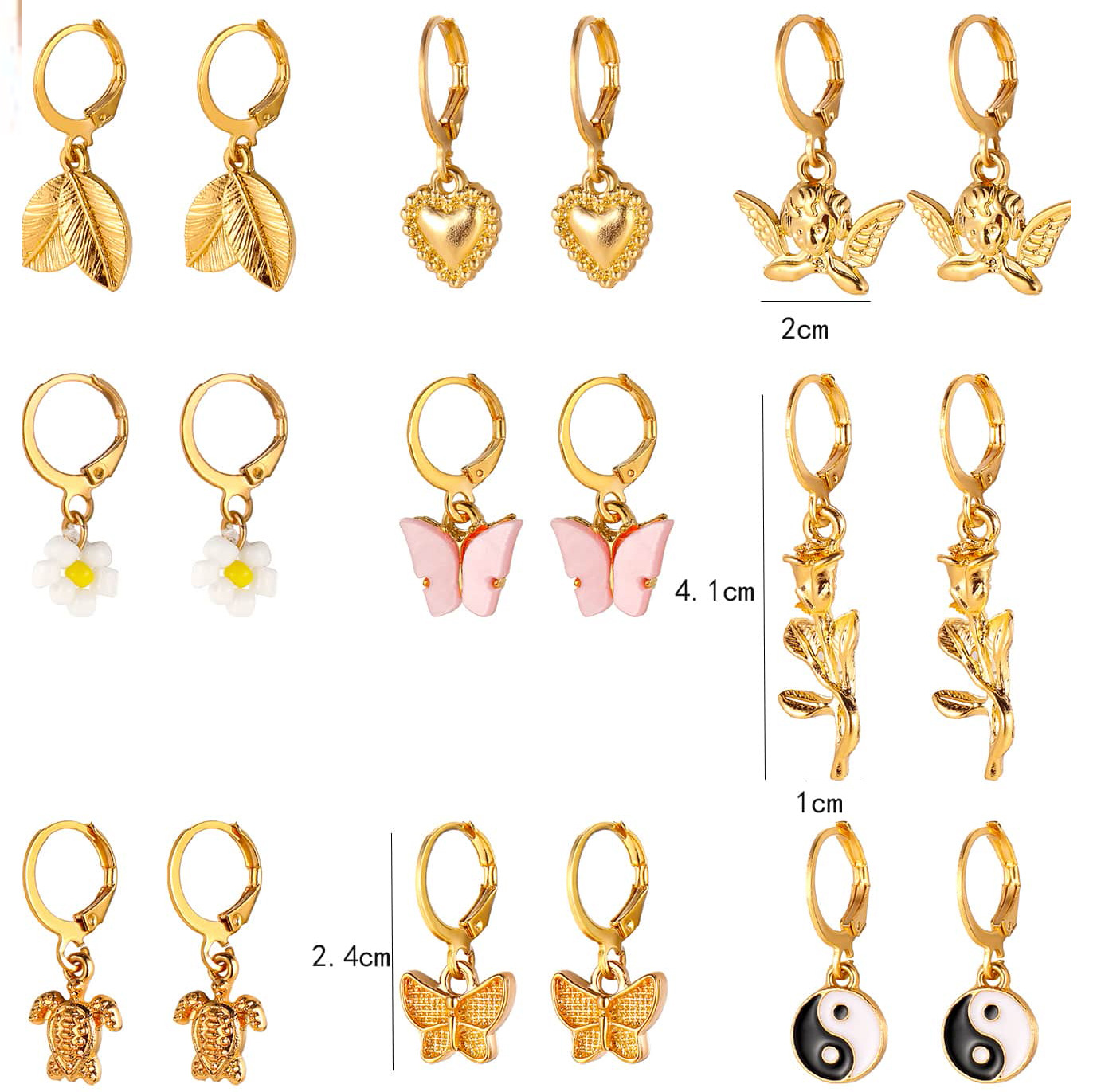 A new cross-border alloy-inlaid rhinestone earring set from Europe and America, featuring 9 pairs of creative butterfly, turtle, Tai Chi and flower earrings Item Picture