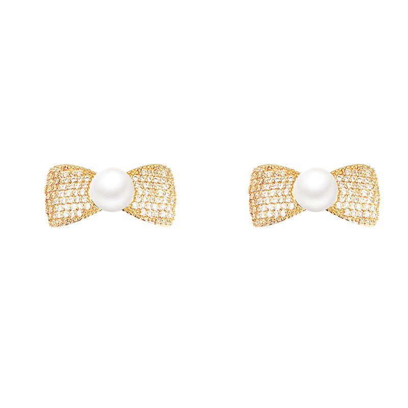 Xiaoxiangfeng Bow Pearl Earrings S925, silver needle, exquisite zircon, elegant stud earrings, wholesale of trendy and personalized earrings Item Picture