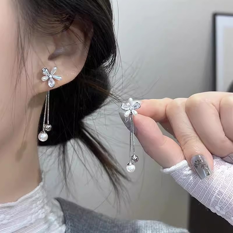 French fashion zircon flower stud earrings for women, long pearl tassel earrings, simple and elegant, versatile and high-end full figure