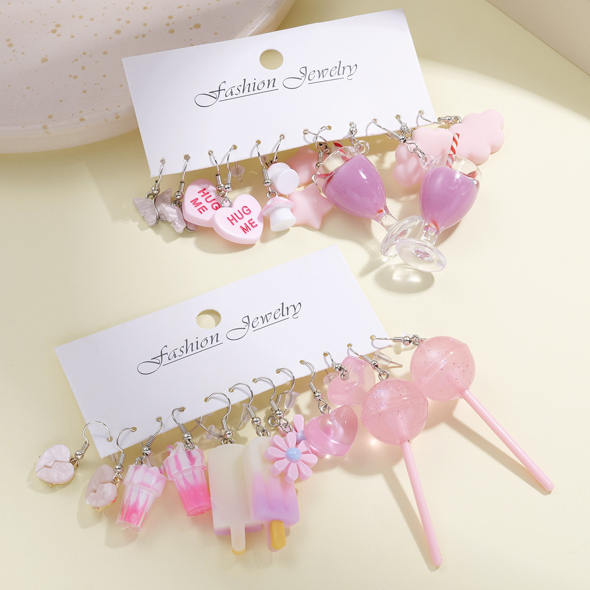 A new cross-border eco-friendly pink mushroom ice cream flower heart earring set of 12 pieces of flower lollipop earrings Specification drawing