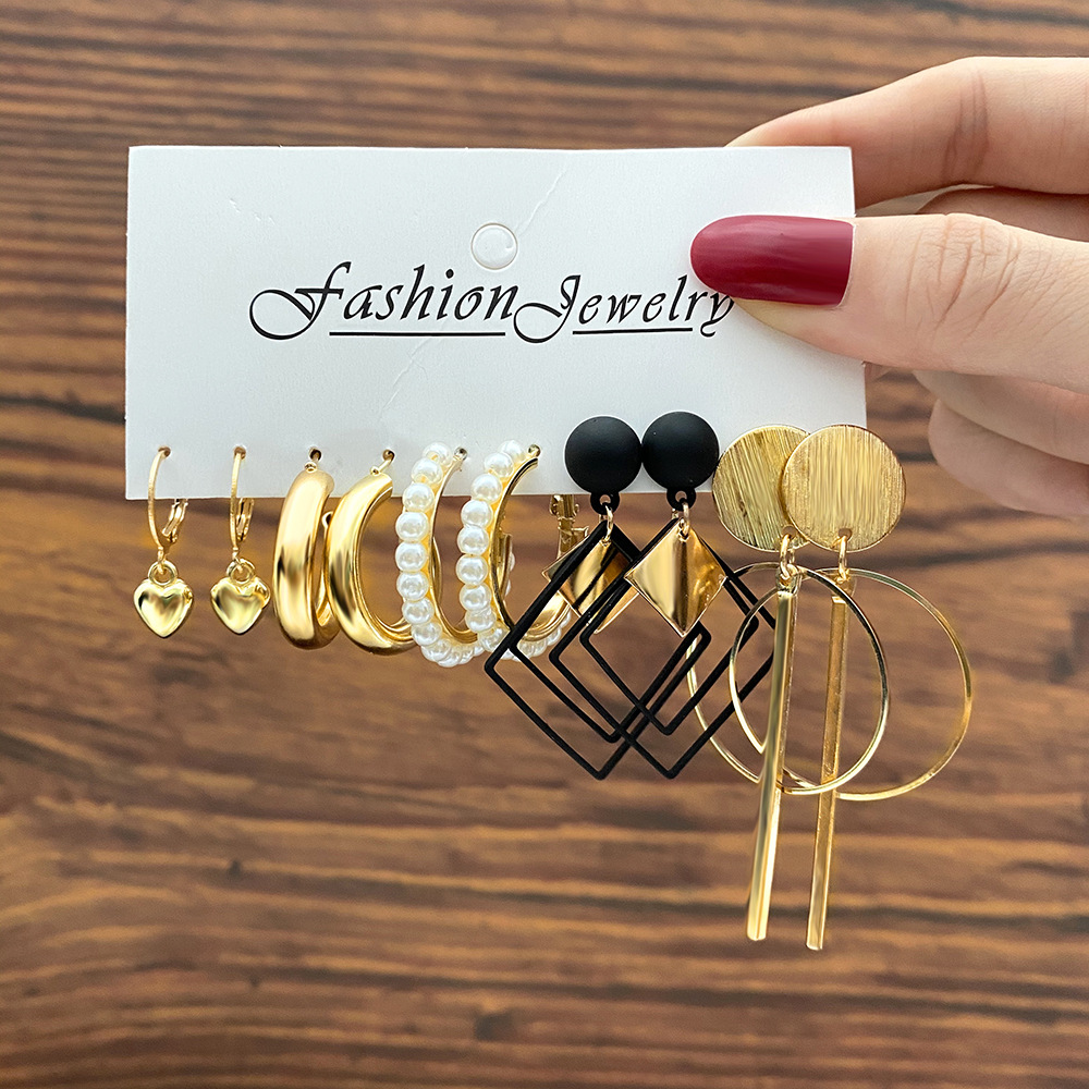 New retro imitation pearl ear ring C-shaped earring set of 5 pairs, creative and simple diamond-shaped geometric alloy earrings full figure