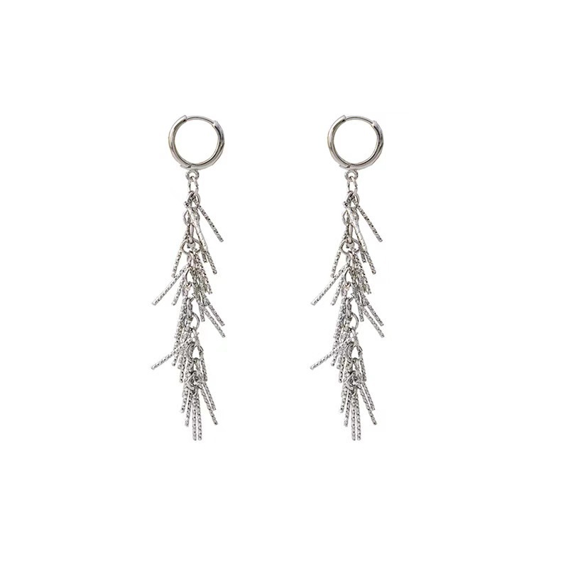 Super shiny silver long tassel exaggerated ear studs, high-end and light luxury earrings, niche design, elegant and versatile earrings Item Picture