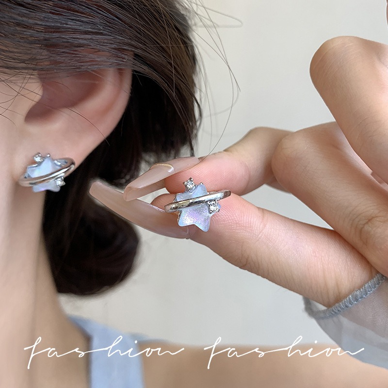 Blue starry sky stud earrings for women, five-pointed star diamond earrings, a niche design, 925 silver needle earrings, new 2024 style details Picture