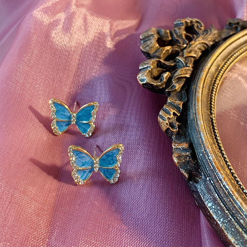 S925 Silver Needle Retro Hong Kong Style vintage oil Drip blue rhinestone butterfly simple and elegant stud earrings details Picture