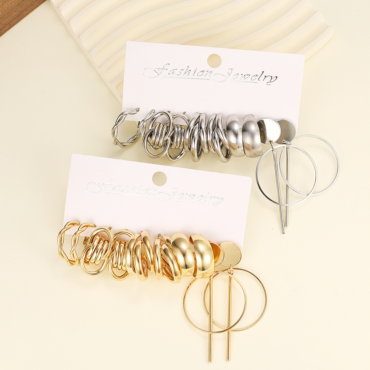 European and American cross-border creative gold C-shaped earrings, metal ear rings, alloy square geometric earrings set of 6 pieces Specification drawing