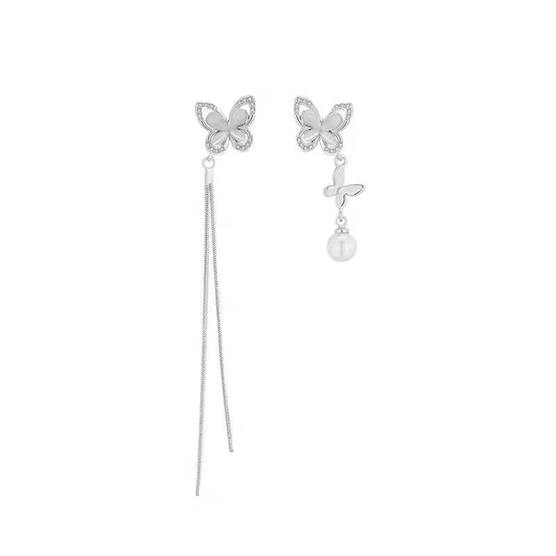 Asymmetrical high-end butterfly tassel pearl earrings, women's light luxury and ethereal long stud earrings, summer accessories Item Picture