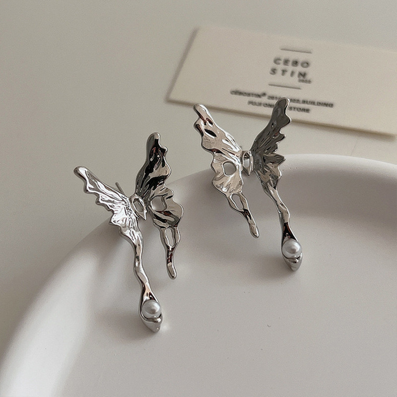 S925 Silver needle liquid butterfly Stud earrings with a light luxury and niche design sense, a cold style, and a sweet and cool personality details Picture