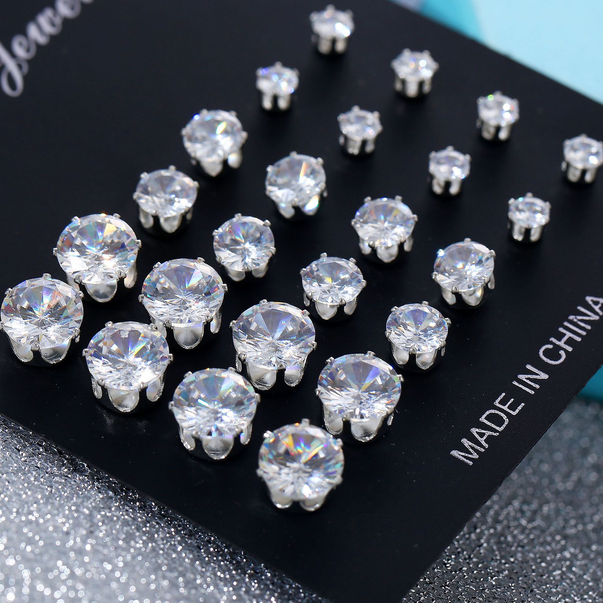European and American export jewelry round six-prong crystal zircon set 12 pairs of stud earrings simple and elegant cross-border supply details Picture
