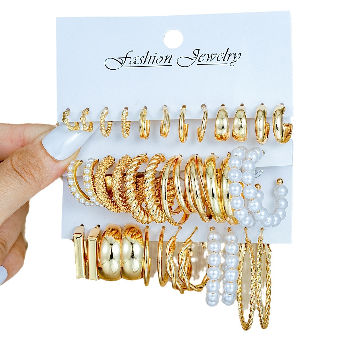 A 18-piece set of popular cross-border geometric imitation pearl twist earrings from Europe and America, a C-shaped light luxury and elegant women's earring set Item Picture