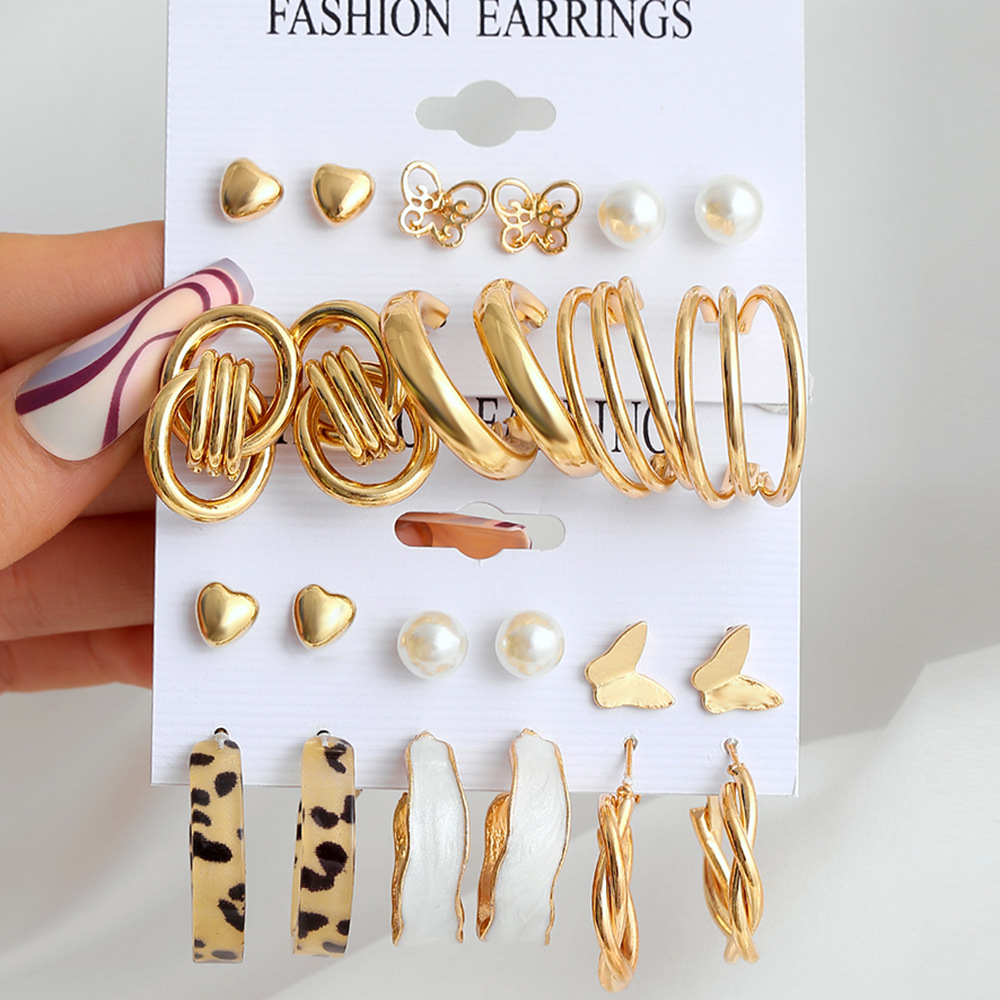 Han Zhishang's InS-style cross-border new gold earrings, creative heart-shaped butterfly geometric twist stud earrings 6-piece set full figure