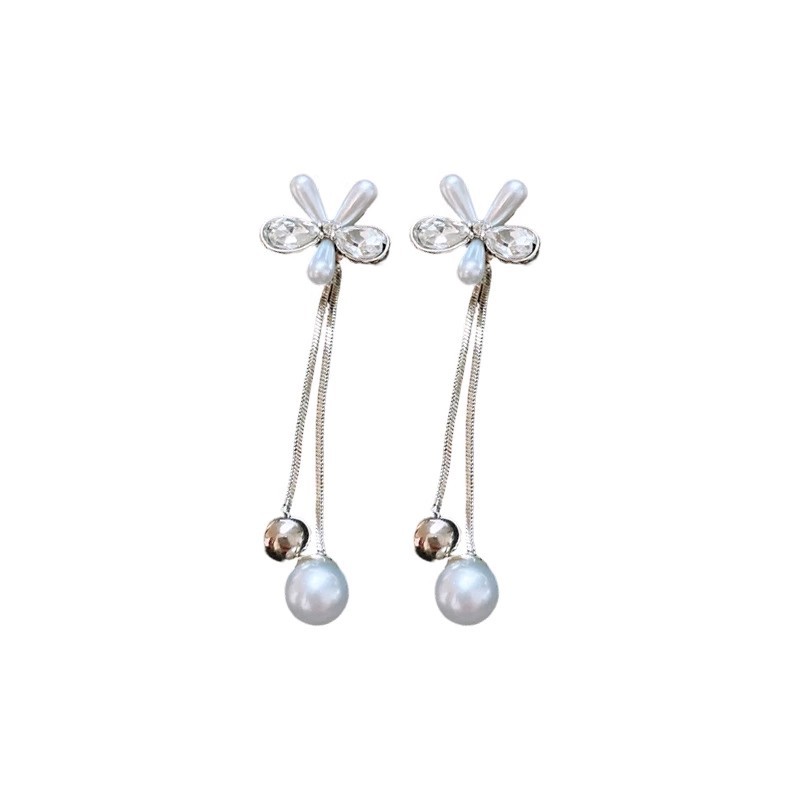 French fashion zircon flower stud earrings for women, long pearl tassel earrings, simple and elegant, versatile and high-end Item Picture