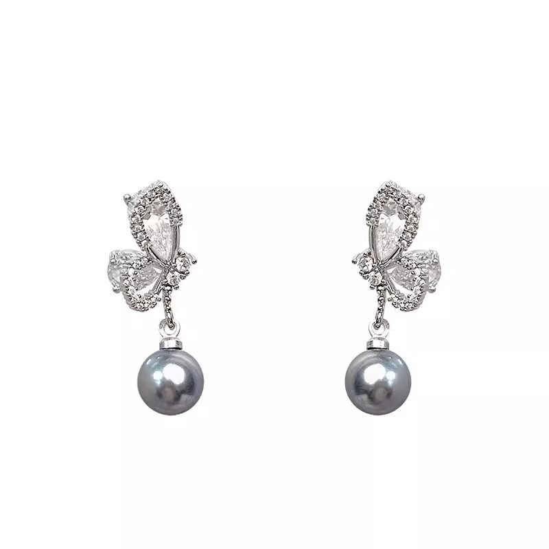 Unique butterfly pearl silver needle earrings for women with a high-end feel, micro-inlay round and square face stud earrings, new design sense earrings for 2024 Item Picture