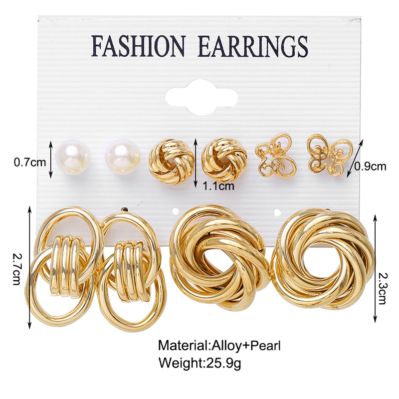 A 6-piece set of European and American metal circle chain stud earrings, creative and personalized cross-border heart-shaped pins, butterfly earrings for women details Picture