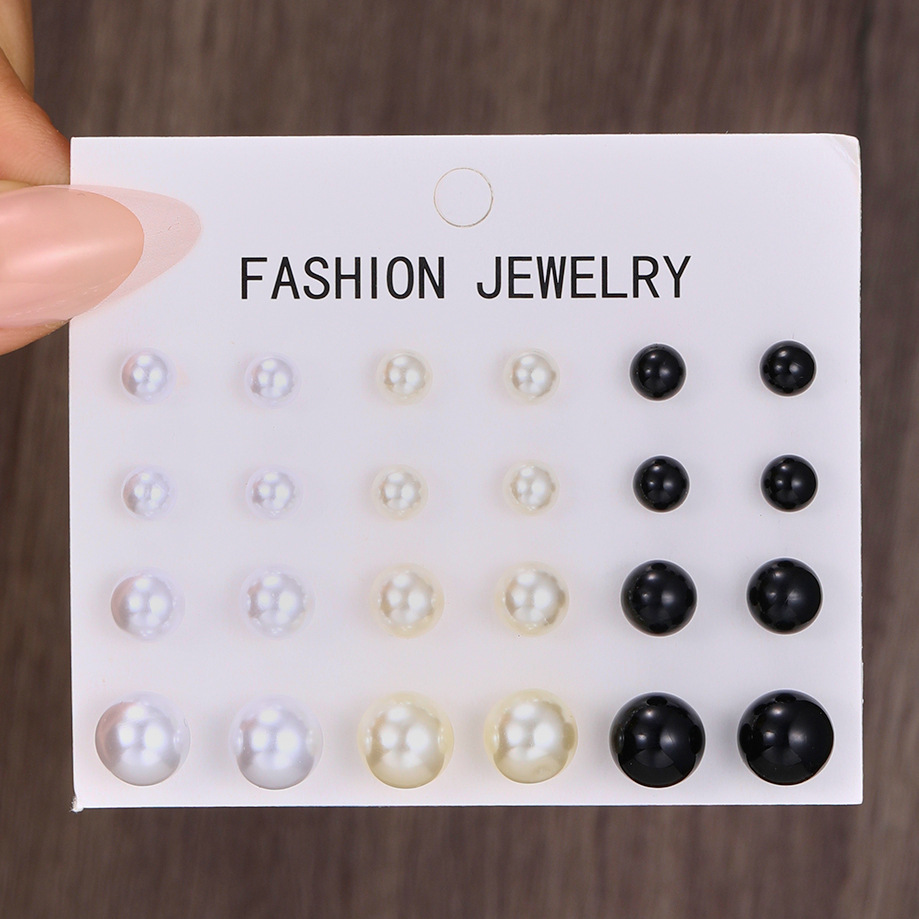 A new 12-piece set of simple European and American earrings for cross-border use, featuring a high-end retro three-color imitation pearl stud design full figure