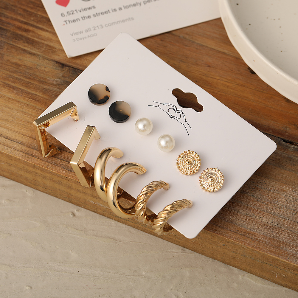 Cross-border imitation pearl leopard print acrylic stud earrings creative retro gold geometric twist earrings set of 6 pairs Application Scenario