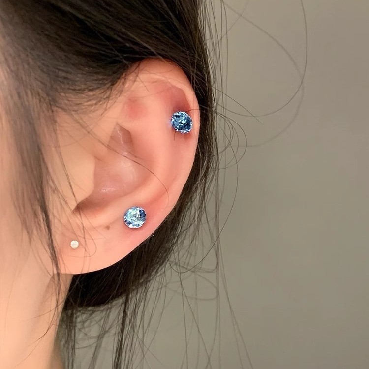 Super shiny colored zircon screw ear bone stud earrings for women, a light luxury and high-end look, delicate and versatile ear-piercing earrings, sweet and spicy earrings details Picture