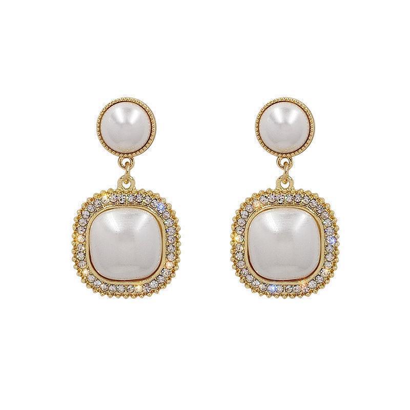 S925 Silver Needle Pearl Zircon Square Earrings, a high-end European and American style earring for women, a trendy 2021 new style Item Picture