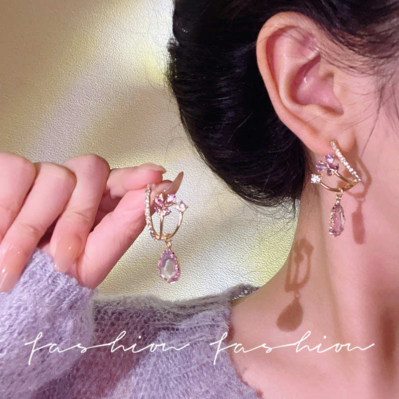 Purple zircon elegant stud earrings, light luxury, niche, exquisite and high-end, suitable for round faces, tassel slimming earrings for women details Picture