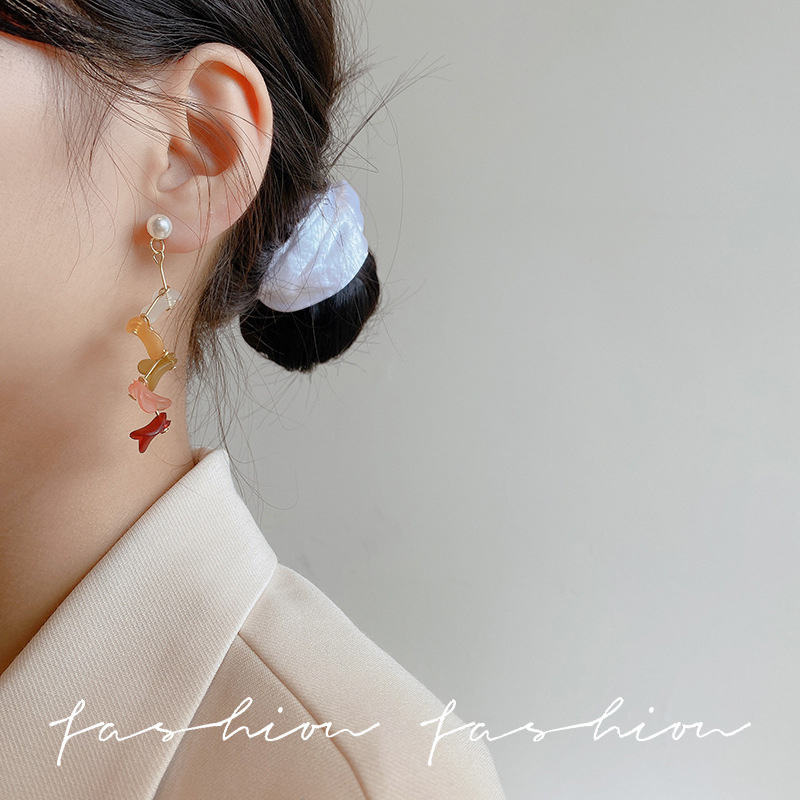 Ethereal tassel petal pearl earrings, high-end and light luxury style, long round face slimming, vacation earrings for women details Picture